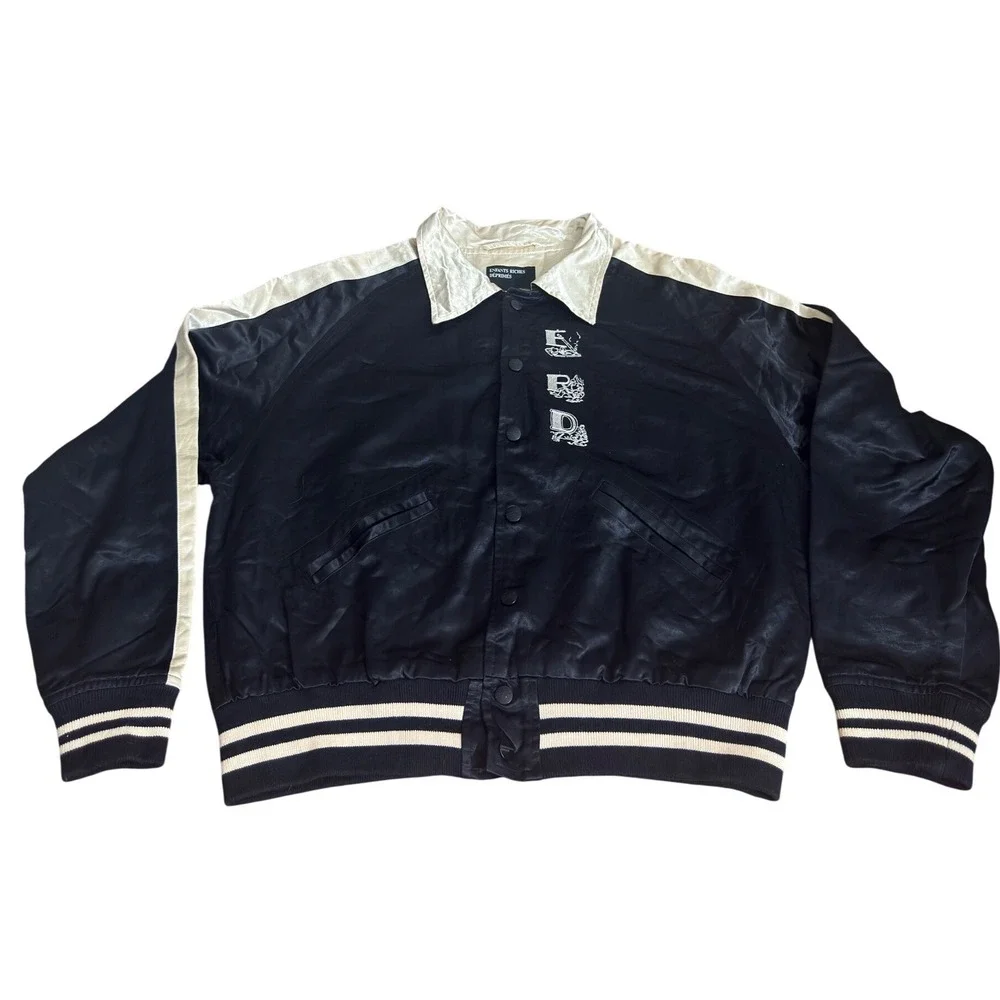ERD Satin Varsity Bomber Jacket Black Cream Embroidered